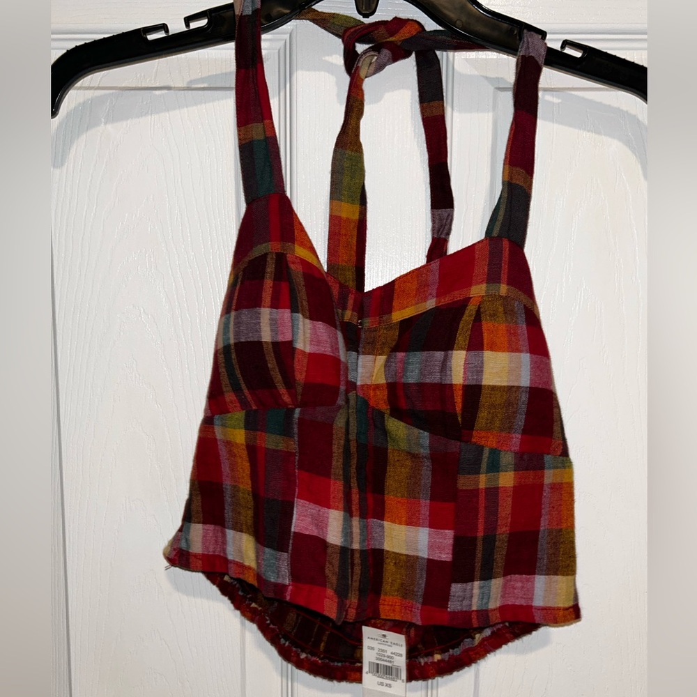 American Eagle Xs/s cute checkered halter top tied open back
